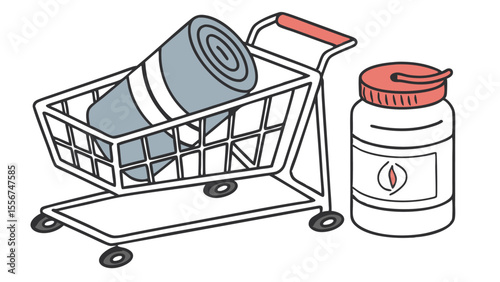 Illustration of a shopping cart with a rolled mat and a bottle with a red lid next to the cart