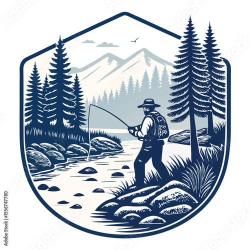 Vintage emblem fisherman silhouette with fishing rod in a forest stream. Retro style.