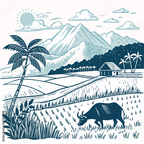 Serene Thai rice paddy, buffalo grazing, distant mountains. Lush, peaceful, rural landscape.