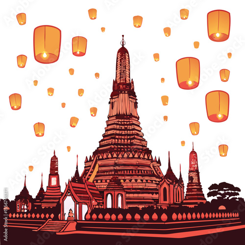 Majestic Wat Arun illuminated, glowing lanterns, Chao Phraya River, Bangkok night.