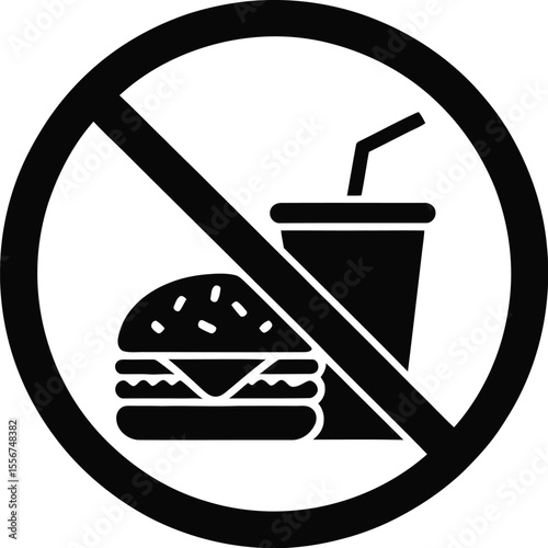 Black and white no junk food symbol with burger and drink prohibition