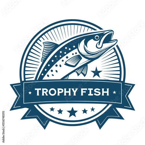 Design a vintage-style emblem featuring a trophy fish, incorporating a year banner.  Illustrative style, detailed scales, and a classic color palette are required.