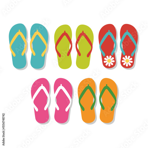 Vibrant Collection of Colorful Flip Flops and Sandals in Various Designs, Perfect for Summer Beach and Vacation Themes