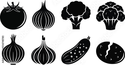 Black and white vector image of various vegetables in a row format