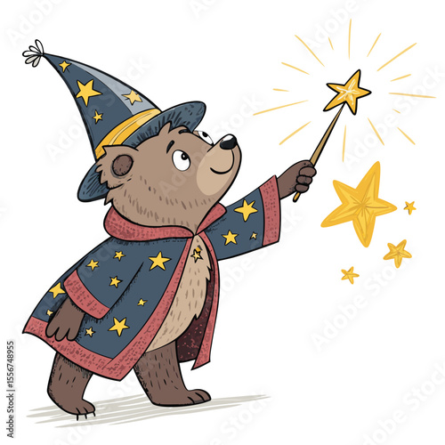 A miniature, adorable wizard bear casting a dazzling star spell. Isolated on white background.