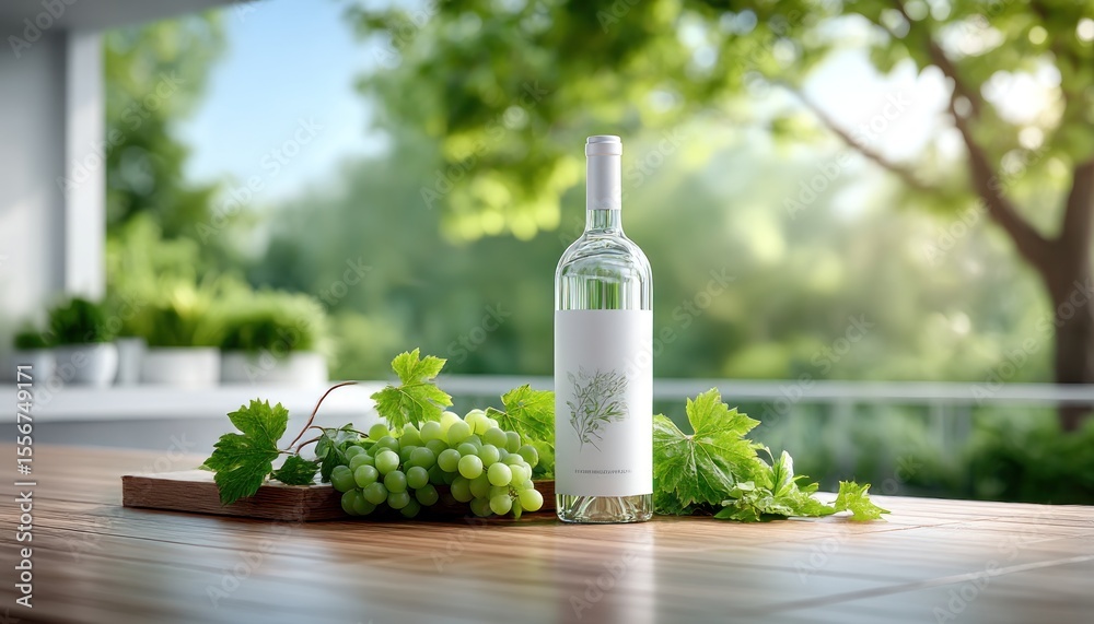 Fototapeta premium Wine bottle on patio table, nature bokeh