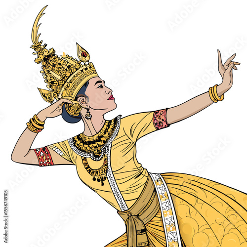 Thai dancer, golden headdress, traditional dress, elegant pose, performing arts, vibrant colors.