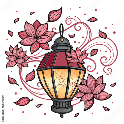 Vibrant Thai lantern, ornate, flower petals swirling, soft lighting, intricate details, celebratory atmosphere, warm colors.