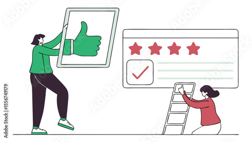 People interacting with feedback elements including thumbs up and star rating interface panel design