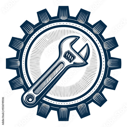 A powerful wrench tightly grips a large cogwheel, set against a bold, dark industrial metal frame.  Detail and realism are crucial.