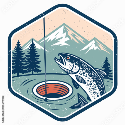 Design a worn, distressed patch depicting a frozen lake with an ice fishing hole, a dangling jig bait, and subtle winter textures.  Include cracked ice and subtle snow details.