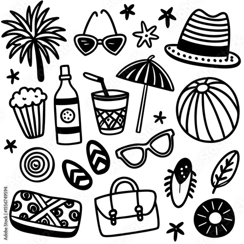 Collection of hand drawn black and white summer beach vacation icons