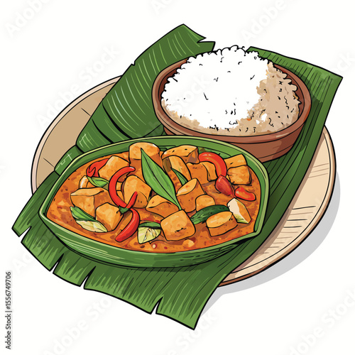 Authentic Thai cuisine on banana leaf curry, sticky rice, vibrant colours, delicious meal presentation.