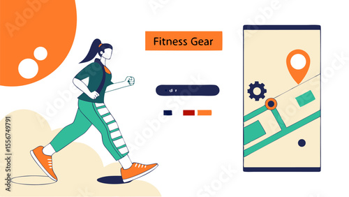 Woman jogging with fitness tracker and mobile app showing location and gear information for activity is shown