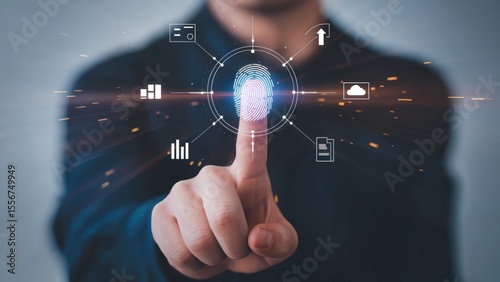 Biometric authentication interface showing fingerprint scan with cloud, graph, and document icons in secure digital network
