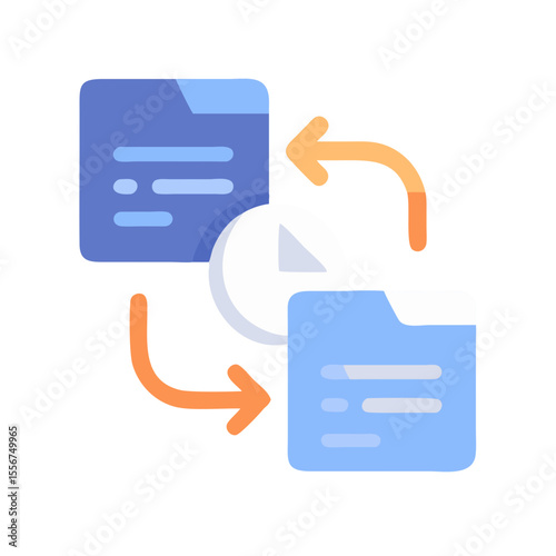 File synchronization process illustration with blue documents and orange arrows