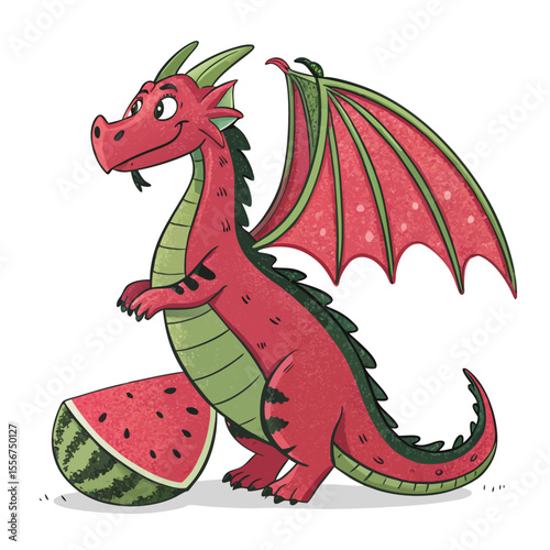 Watermelon dragon, stubby wings, isolated, white background, cartoon, adorable, vibrant, happy.