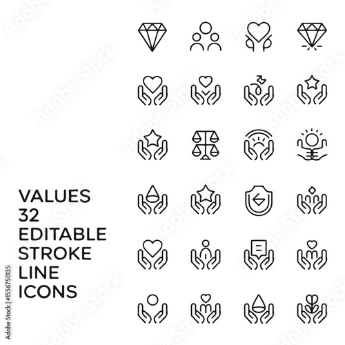 Values and ethics are visually represented through these thirty two black line icons showing abstract concepts and symbolism.