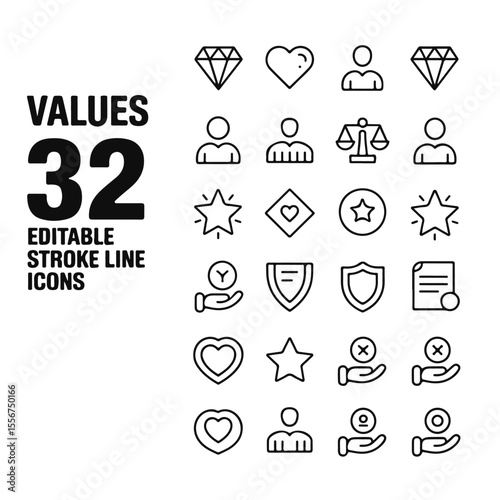 Editable stroke line icons displaying values such as love, diamond, star, people, shield, hand, scales, and document design elements.