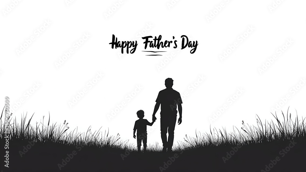 A Silhouette of Father and Son Holding Hands on Father's Day, Walking Together on a Grassy Field. A Silhouette of Father and Son Holding Hands on Father's Day, Walking Together on a Grassy Field.