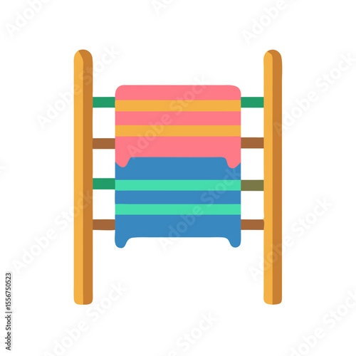 Colorful striped towel hanging on a wooden towel rack
