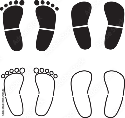 Set of human footprints icon set. Foot imprint icon collection.impression, shape, outline footprints icon on white background symbol,,
