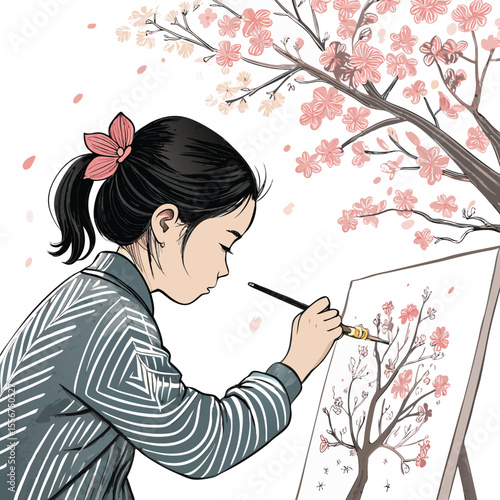 Nostalgic girl with paintbrush, painting ephemeral cherry blossoms, lost in memory, wistful expression.