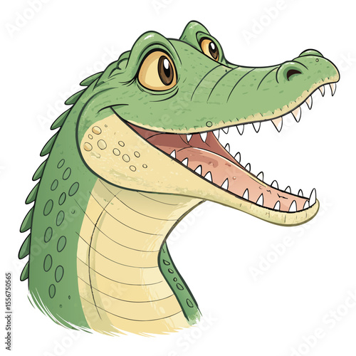 A close-up of a cute, baby crocodile head, smiling, showing tiny teeth. Green scales, happy expression, endearing.