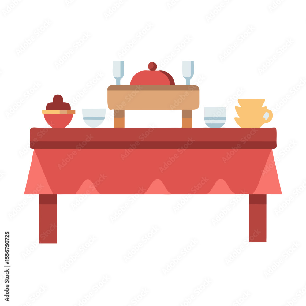 Fototapeta premium Festive table setting with red tablecloth and tableware design