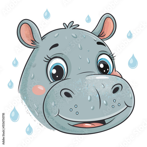 Shy baby hippo head, close-up, water droplets sparkle, gentle smile, endearing, cute, heartwarming portrait.