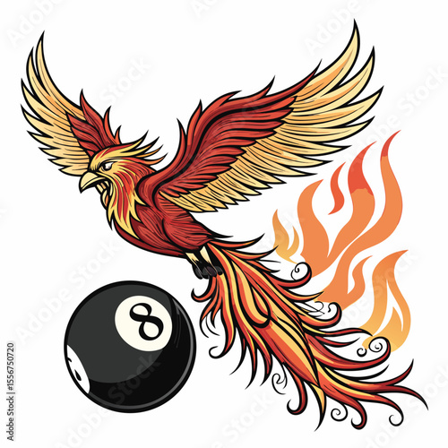 Fiery phoenix soars, igniting billiard balls orbiting a cosmic pool table; dynamic, intense.