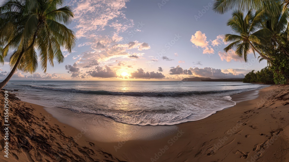 Fototapeta premium Sunset serenity over tranquil beach tropical paradise nature landscape warm environment wide-angle view relaxation concept