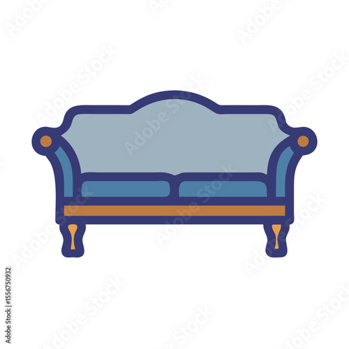 Stylized blue couch illustration on White Background in flat style