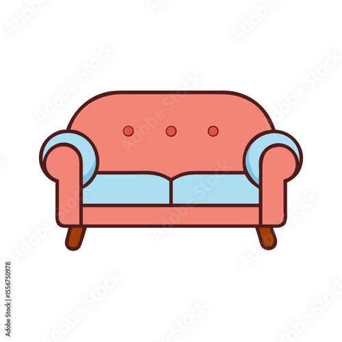 Retro style salmon colored couch sitting on White Background
