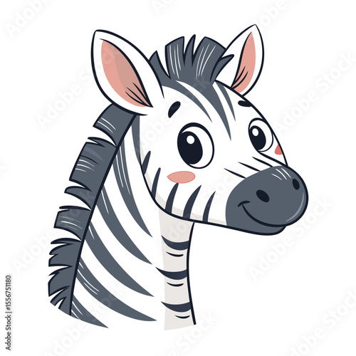 Adorable baby zebra head portrait. Subtle smile, striped cheeks. Innocent, gentle expression, close-up view.