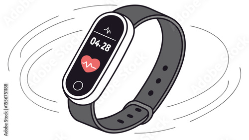 Illustration of a smart watch with a heart rate monitor and time display rotating in a circular motion