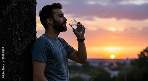 Close-up of a man drinking water after an outdoor run, sunset in the background, fitness and hydration concept, warm natural light, healthy lifestyle and recovery moment.