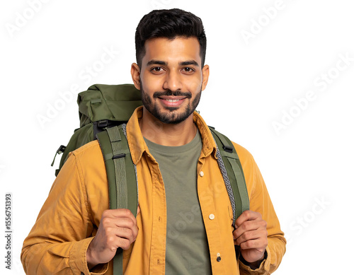 Smiling Man with Backpack Isolated on Transparent Background in Yellow Shirt