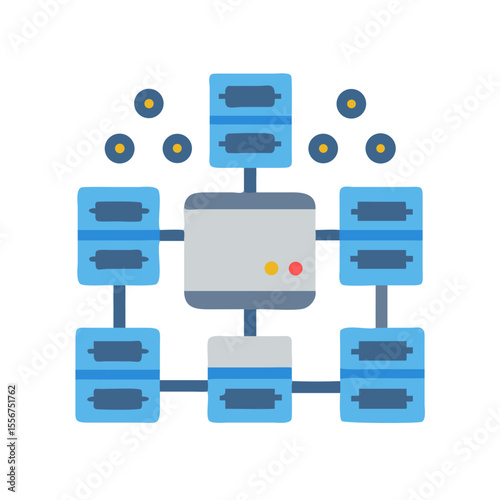 Flat design network servers connecting to central hub on White