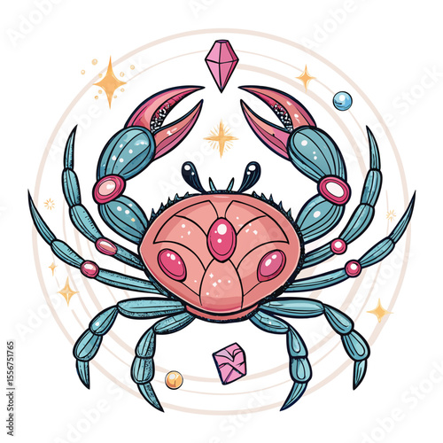 Cancer crab, gemstone claws, moon aura, iridescent shell, celestial, intricate details, isolated, iso render.