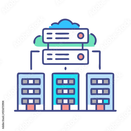 Modern server buildings cloud computing graphic, data hosting concept