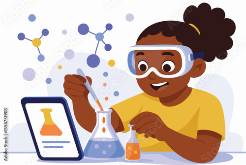 Curious Child Doing Science Experiment with Tablet and Beakers – Fun Educational Illustration