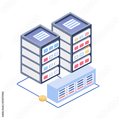 Isometric servers and database connected by blue lines on White