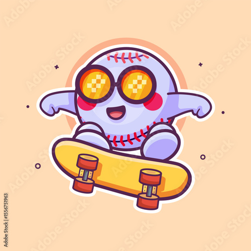 cheerful baseball ball character mascot playing skateboard isolated cartoon