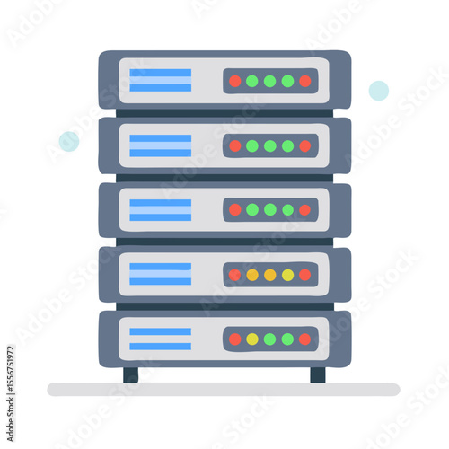 Server Rack Stack with Colorful Lights Flat Illustration