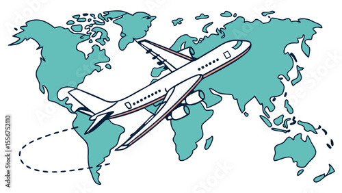 Airplane flying over a world map with dotted line indicating travel route across the globe illustration