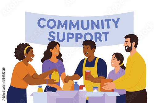 Diverse Volunteers Packing Food Boxes for Community Support – Flat Vector Illustration