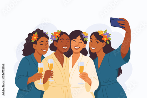 Bride and Bridesmaids in Matching Robes Taking Selfie with Champagne – Fun Wedding Preparation Illustration