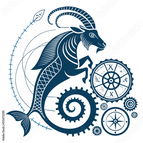 Capricorn sea-goat illustration, ancient scroll details, mystical, celestial, zodiac, detailed.