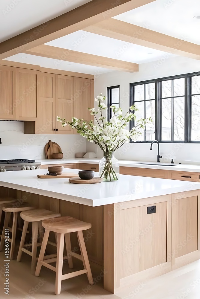 Fototapeta premium Modern kitchen island with light wood. (1)